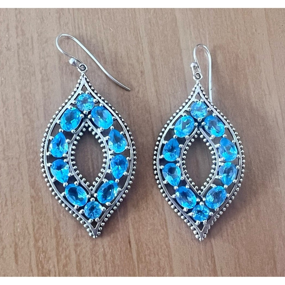 Swiss Blue Topaz Dangle Earrings Sterling Silver 925 Designer Statement Large